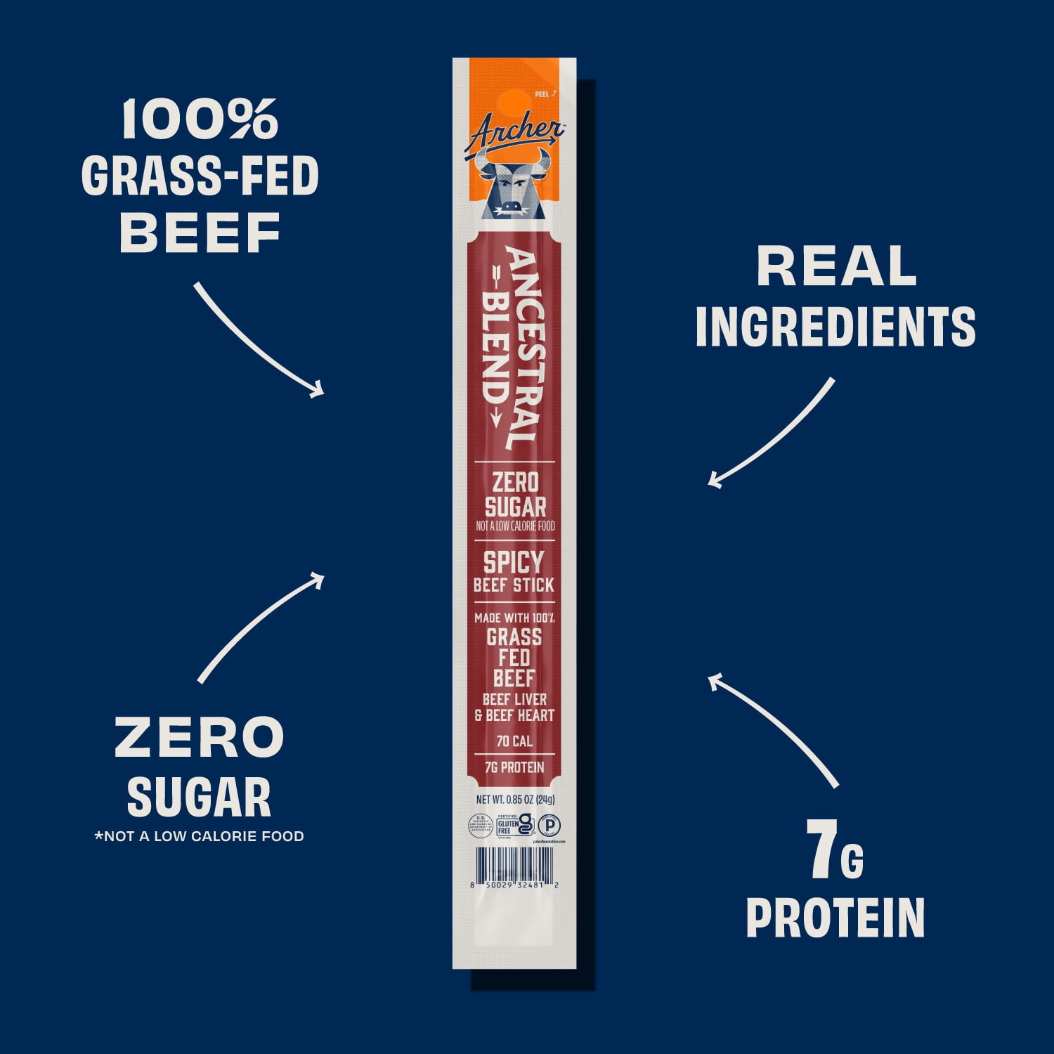 Archer Spicy Ancestral Blend Beef Sticks, 0.85 oz Each, 18-Count, Grass-Fed + Organ Meats, Gluten Free, Zero Sugar