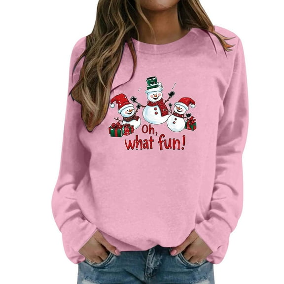 Fiaer Snowman Womens Sweatshirts Christmas Crew Neck Long Sleeve Pullover Plus Size Baggy Fashion Cozy Holiday Tops Pink S