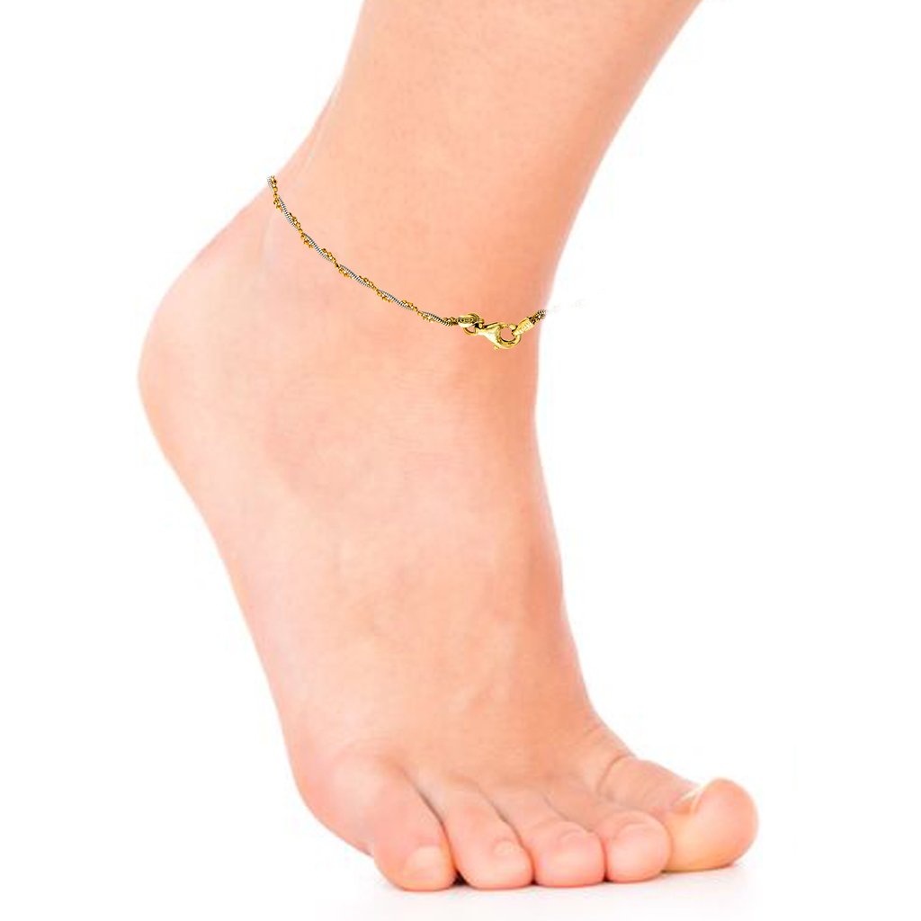 Sterling Silver Two-Tone Yellow and White Twisted Snake Bead Italian Foot Chain Anklet 10"
