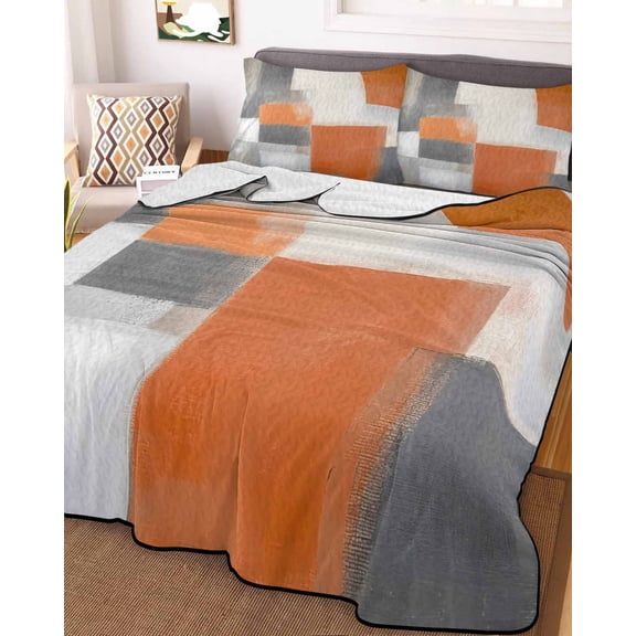 Abstract Orange Grey Queen Size Down Alternative Comforter, Lightweight Comforter Quilt Bedding Set with Pillow Shams Modern Watercolor Geometric All Seasons Bed Comforter Duvet Insert 90"x96"