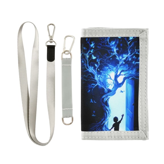 JIALIOU Nylon Trifold Card Wallet with ID Window Zipper Pocket for Men Women Teen Child Blue Tree Door