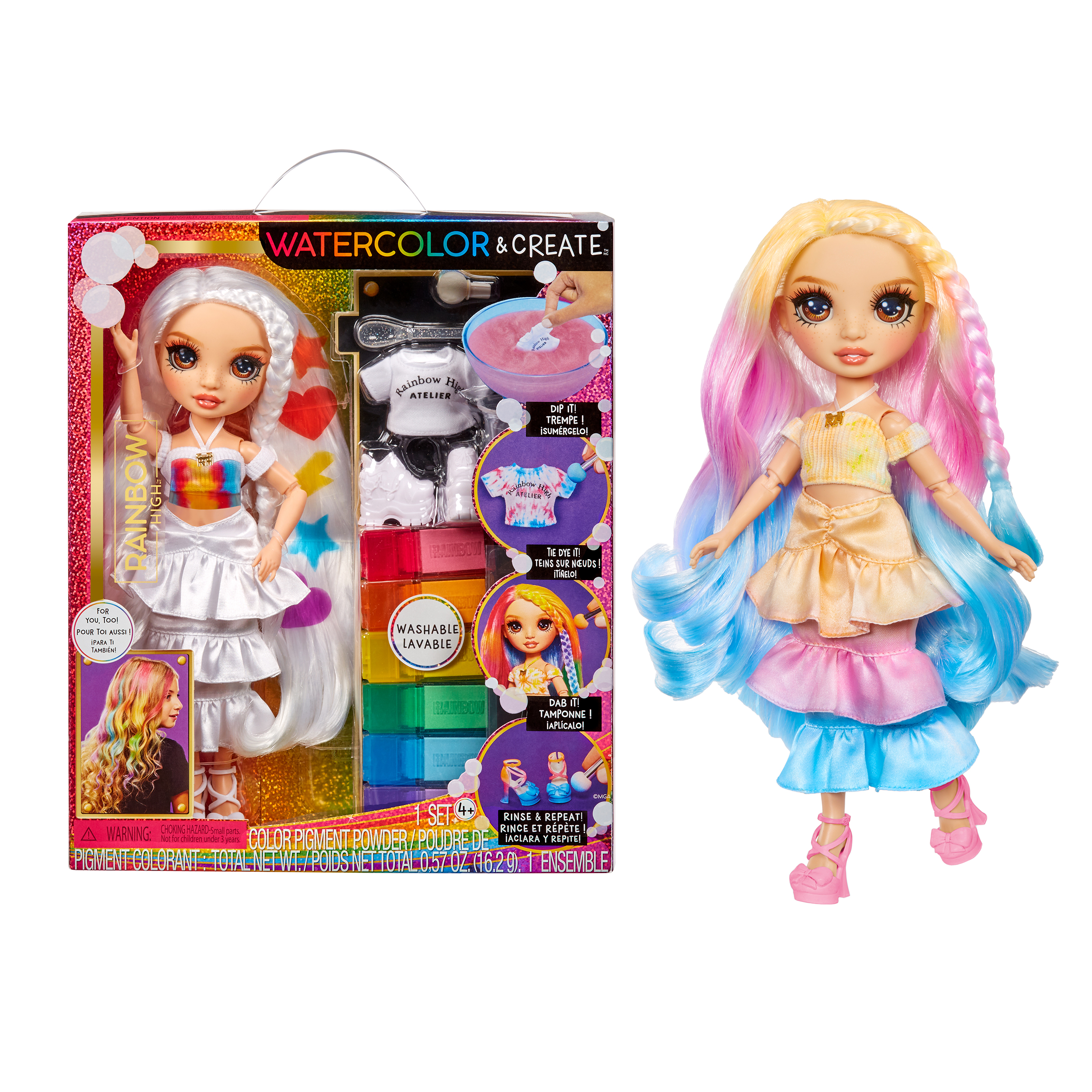 Rainbow High Watercolor & Create Fashion DIY Doll with Washable Watercolors + Tie-Dye Kit, Brown Eyes, Curled Hair, Top & Shoes. Play, Rinse, Repeat. 4-12+