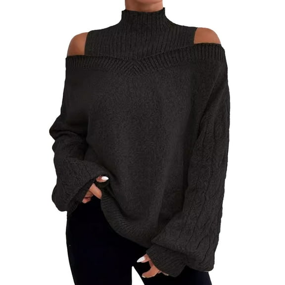 MESSUEN Off the Shoulder Sweater Turtleneck Sweater Women Fall Sweaters for Women Womens Tops Long Sleeve Women Thermal Top Ladies Sweaters Top Long Sleeve Black 1 L