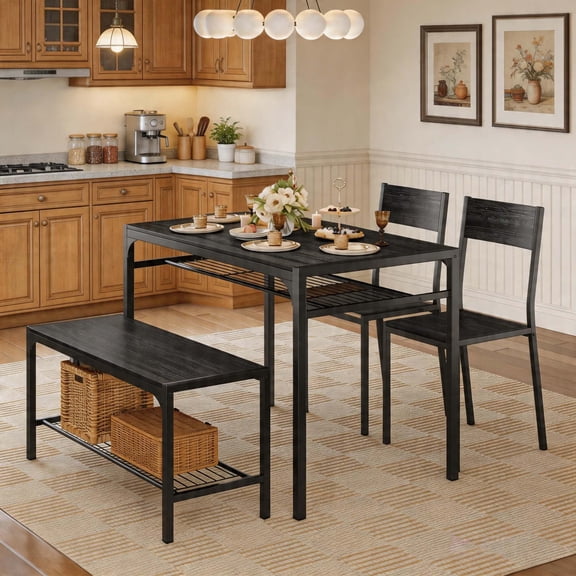 Asofer 4 Piece Dining Table with 2 Chairs and Bench ,Kitchen Table Set with Storage Rack,Space-Saving Black