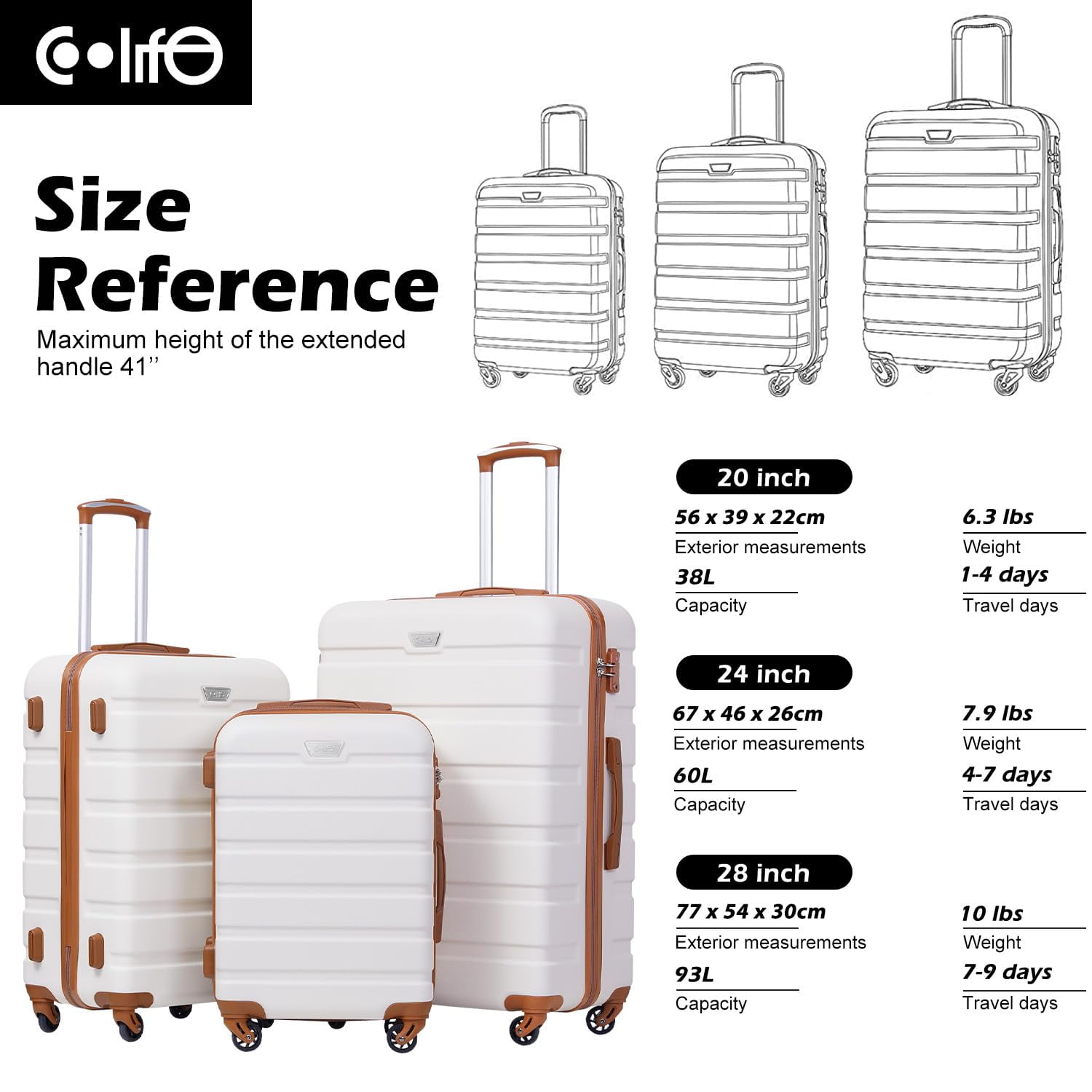 Coolife Luggage 3 Piece Set Suitcase Spinner Hardshell Lightweight TSA Lock (apricot white,20/24/28)
