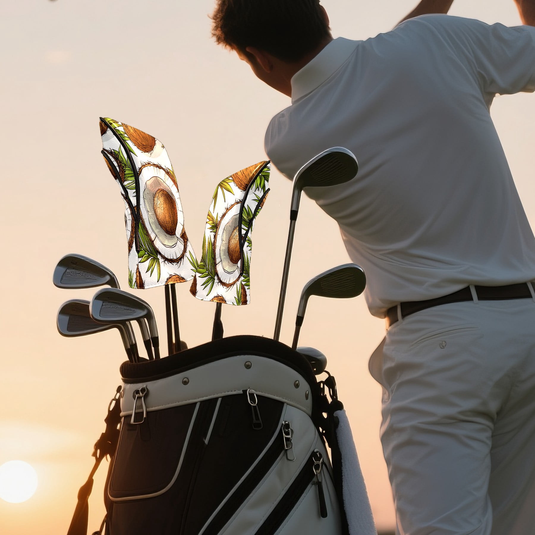Golf Club Covers PU Leather Waterproof Head Covers for Fairway Woods Hybrids Coconut Palm Leaves