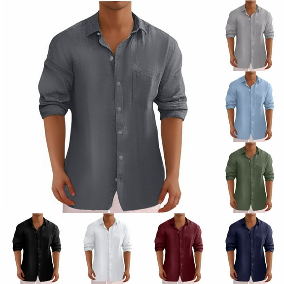 UVEASISHA Big and Tall Men's Linen Shirts Lightweight Long Sleeve Button Down Shirt for Men Breathable Casual Regular Fit Beach Shirts with Front Pocket Black XL