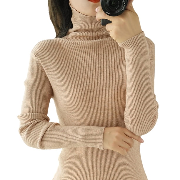 Jerséis para mujer, suéter tejido de cuello alto liso de otoño e invierno, manga larga Marrón xxl Yuyangstore Suéter de punto mujer