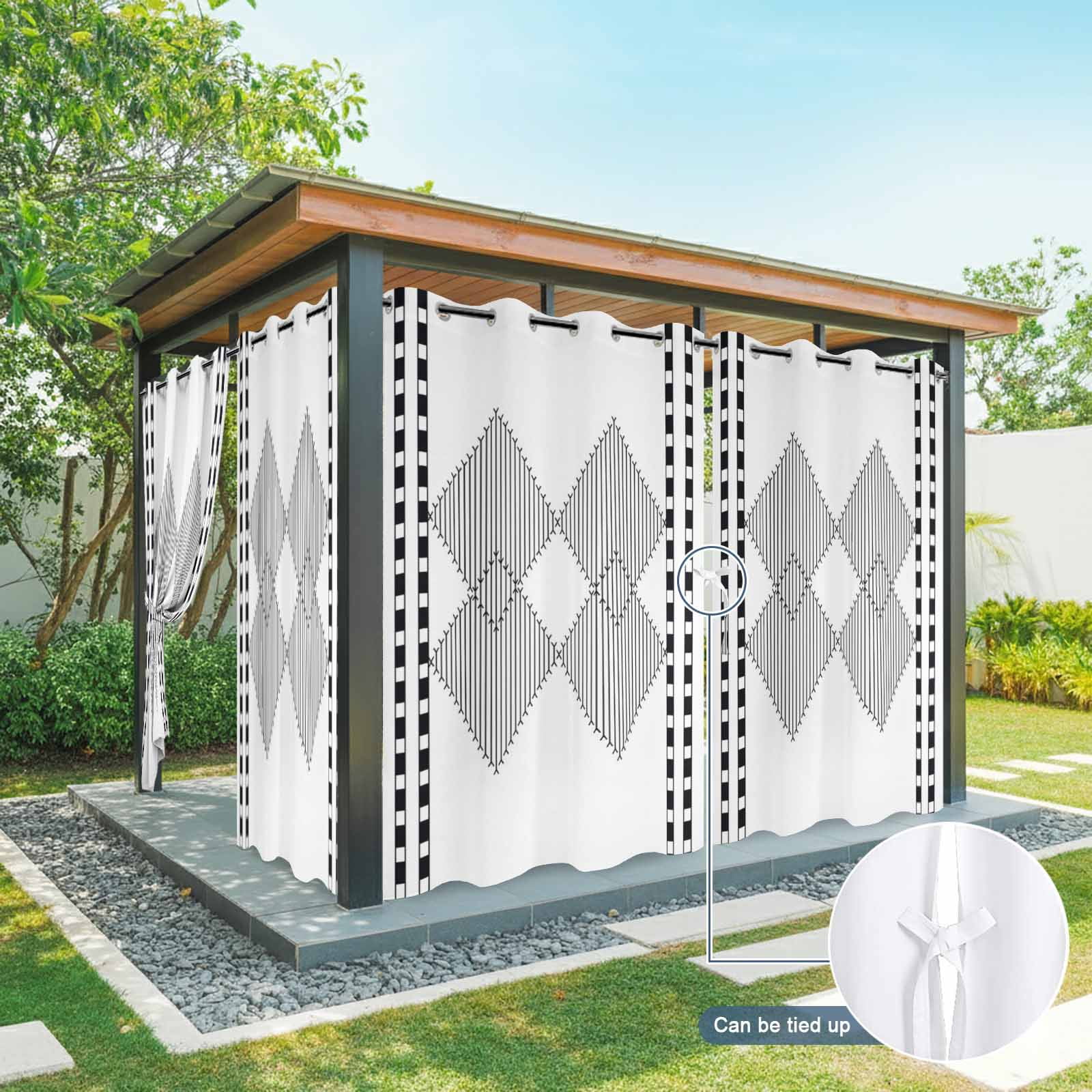 Modern Black and White Outdoor Curtains for Patio, Striped Diamonds Checkered Border Art Sunshade Privacy Drapes Grommet Waterproof Outside Curtains for Porch/Cabana/Balcony 54"x 108", 1 Panel