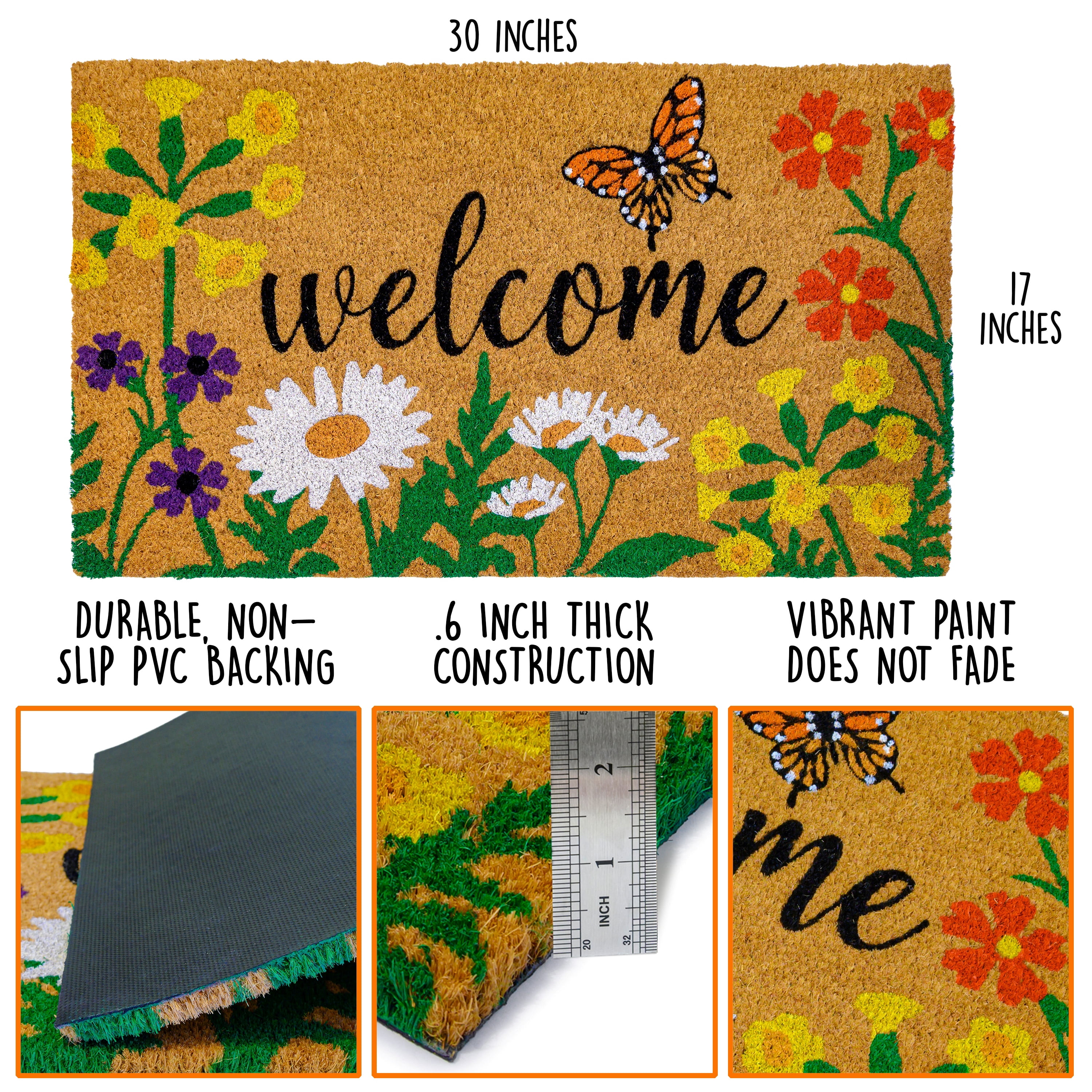 MAINEVENT Floral Coir Doormat 30x17 Inch, Spring Summer Outdoor Welcome Mat for Outside