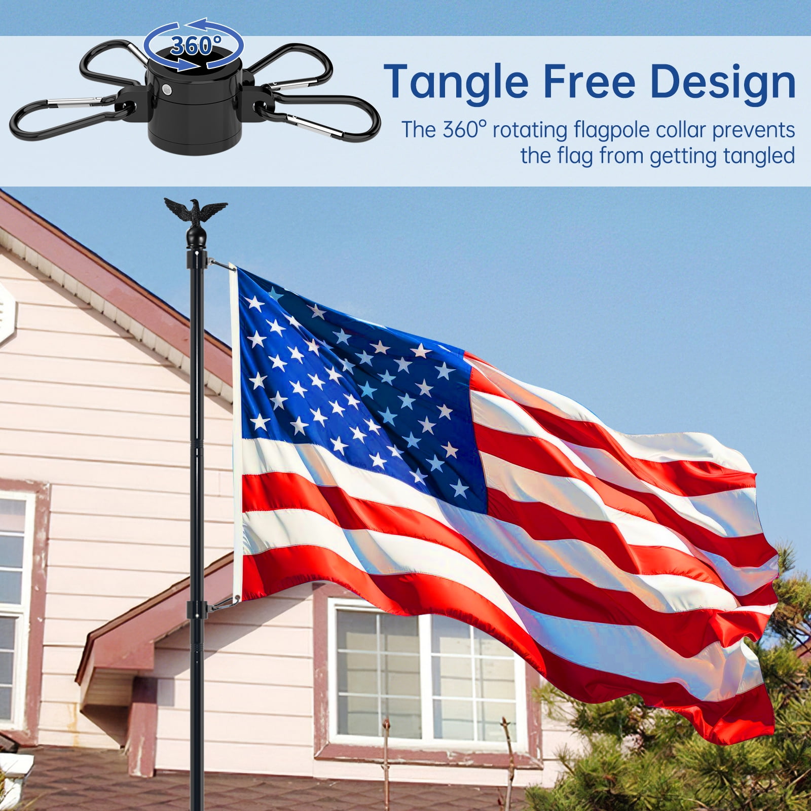 FIASON 1 Pack 10 FT Black Stainless Steel Flag Pole with Eagle Topper, Solar Light & 5-Prong Base, Tangle-Free Heavy Duty Flagpole Kit for Yard Commercial Outdoor Use, Without Flag