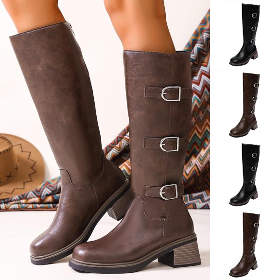 Knee High Boots Women Square Toe Pull On Wide Calf Riding Fashion Buckles Chunky Metallic Casual Vintage Buckle Brown 9.5(43)