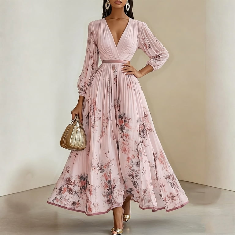 vintage printed v-neck long-sleeve elegant dress Molly Metallic Long Sleeve V-Neck Dress