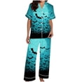 thumbnail image 4 of Pijama de manga corta con cuello vuelto para mujer, con bolsillos y estampado de Halloween, cintura elástica, de poliéster, 4 of 5
