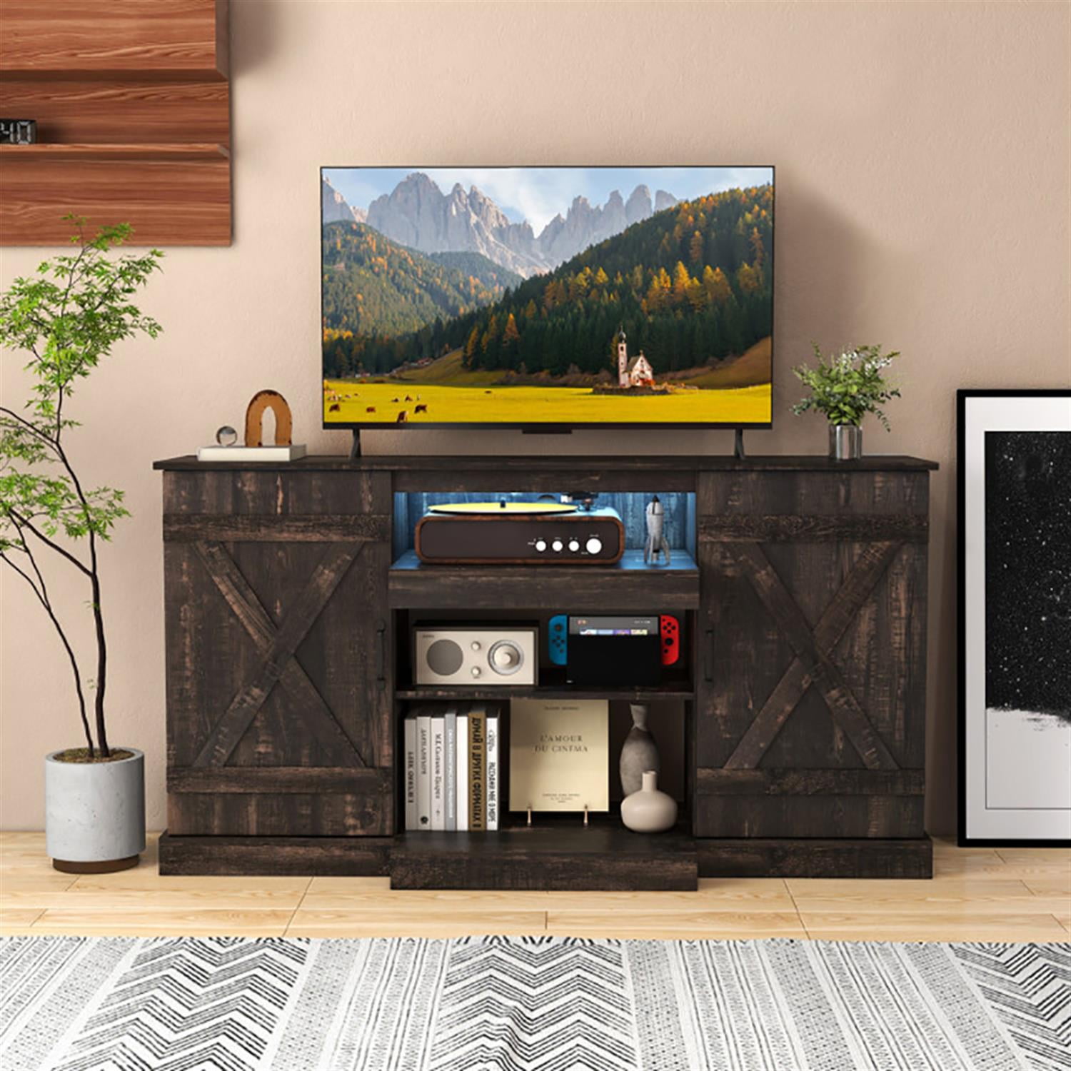 Demi Bonn TV Stand for 65" TVs, Entertainment Center with 20 Color Led Lights, Modern Media TV Console Table for Living Room Bedroom, Brown