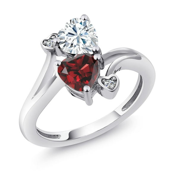 Gem Stone King 925 Sterling Silver White Moissanite Red Garnet and White Lab Grown Diamond Ring for Women (1.83 Cttw, Heart Shape 6MM, Gemstone Birthstone, Size 6)