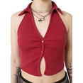 thumbnail image 4 of Women's Halter Tank Tops, Sleeveless Lapel Collar Solid Color Button Down Crop Tops, 4 of 8