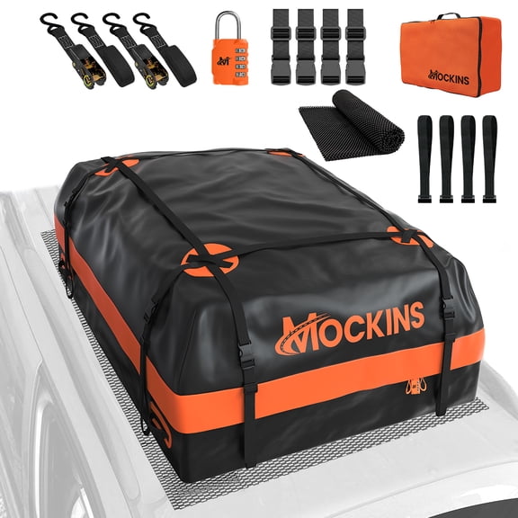Mockins 20 Cu Ft. Orange Waterproof Roof Top Cargo Bag  (53"x40"x17") with Roof Pad, Straps, Hooks, Lock & Carry Bag
