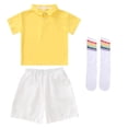 thumbnail image 4 of Boys Girls 3 Piece Loose Outfit Set Short Sleeve Lapel Top Elastic Waist Shorts and Striped Knee High Socks Casual Matched Clothing Set, 4 of 9