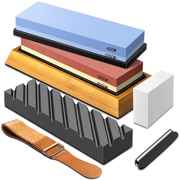 Sharpening Stone Whetstone Set, Knife Sharpening Stone Kit 400/1000 3000/8000 with Leather Strop, Flattening Stone, Bamboo Base 3 Non-slip Rubber Bases & Angle Guide