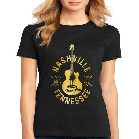 Tshirt for Women Guitar Vintage Country Music Nashville TN Casual Short Sleeve Tops Black X-Large