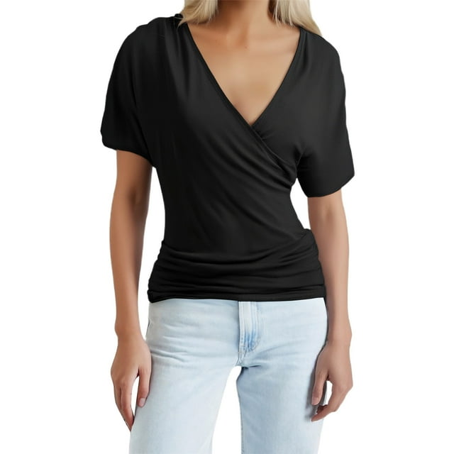 Top de manga corta de punto con escote en V profundo y efecto adelgazante para mujer - Material de poliéster, tallas S-XXL, diseño con pliegues en la cintura, estilo sexy