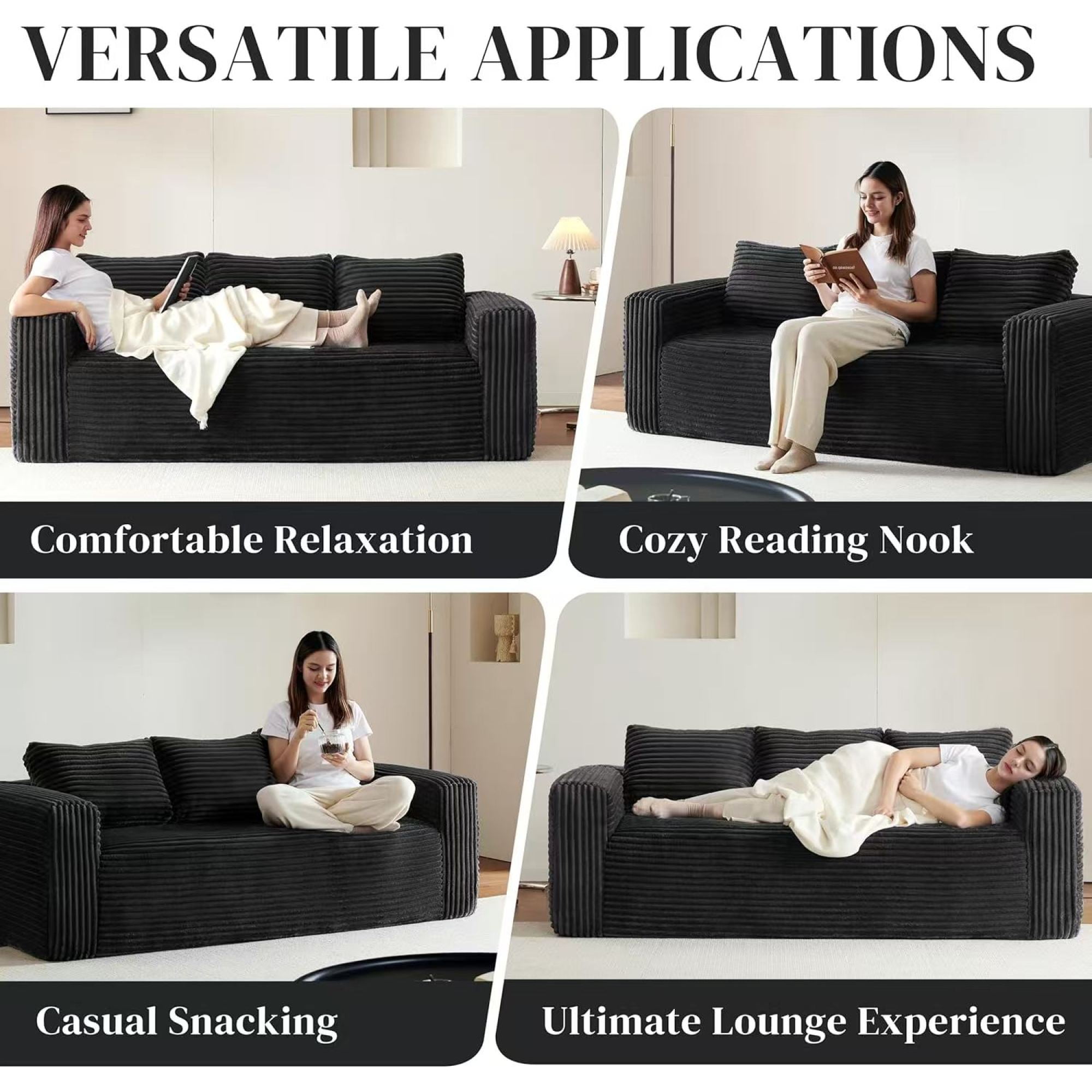 Jopat 80" Loveseat Sofa Couch,Cloud 3 Seater Boneless Couch,Deep Seat Corduroy Sofa,Modern Compressed Sofa Small Couches for Small Spaces,Apartement,Black
