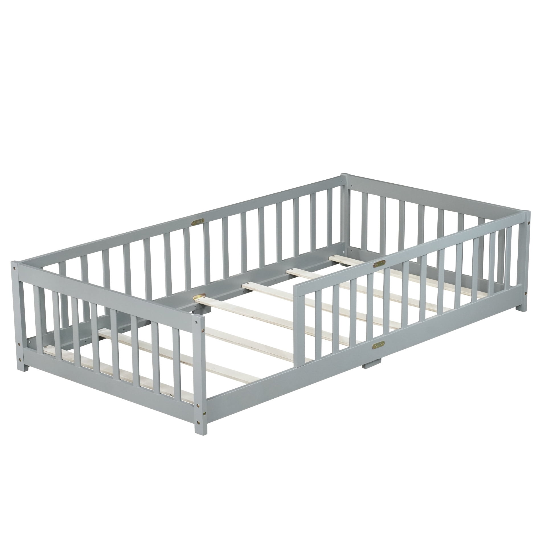 Alvantor Twin Size Montessori Floor Bed for Kids with Rails, Rubber Wood Toddler Bed Frame Low to Ground, No Box Spring Needed, Gray