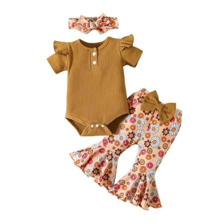 

Summer Savings Clearance! 2023 TUOBARR Baby Girl Summer Outfit Toddler Kids Baby Girls Fashion Cute Sweet Flower Print Ruffles Flared Pants Hairband Suit Brown 12-18 Months