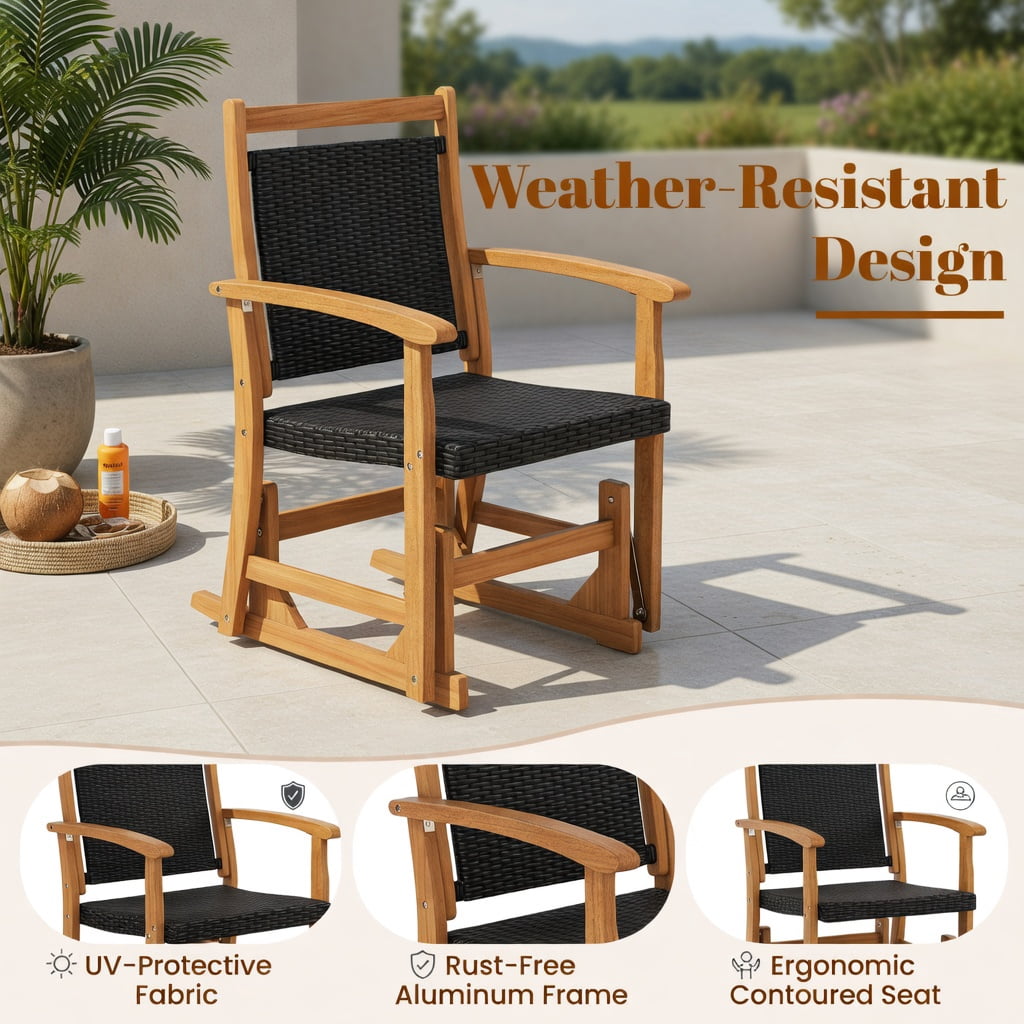 Hommoo Outdoor Glider Chair with PE Rattan Seat & Back, Acacia Wood Frame, Mixed Wicker Patio Rocking Chair for Backyard, Balcony, Poolside, Brown