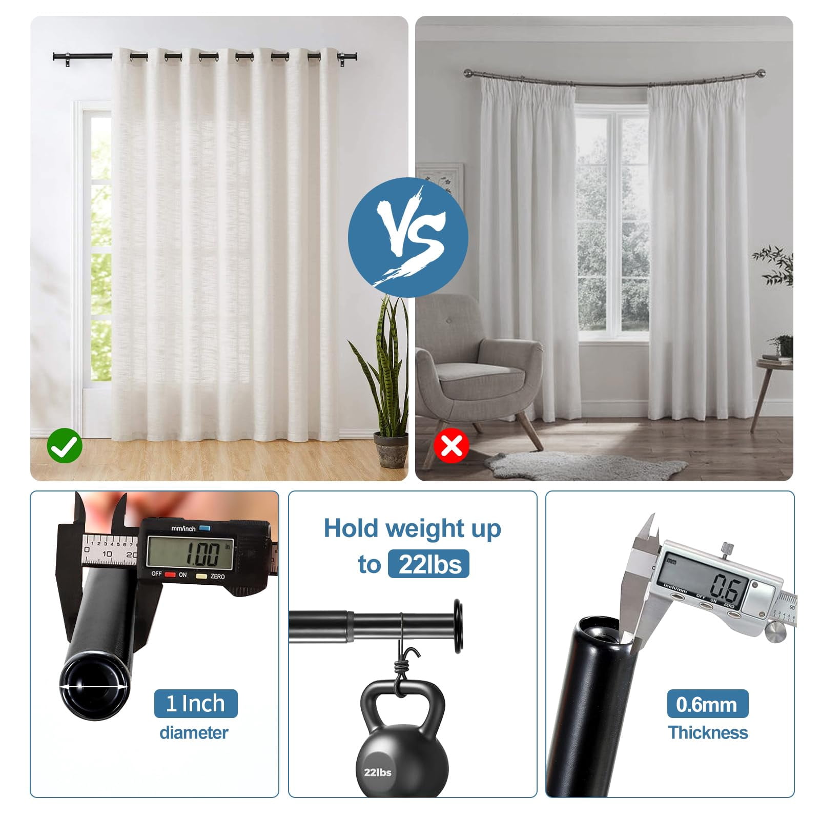 Urbanest 1" Adjustable Curtain Rod Set with Cap Finial Metal Window Drapery Rod, Modern Minimalist Design