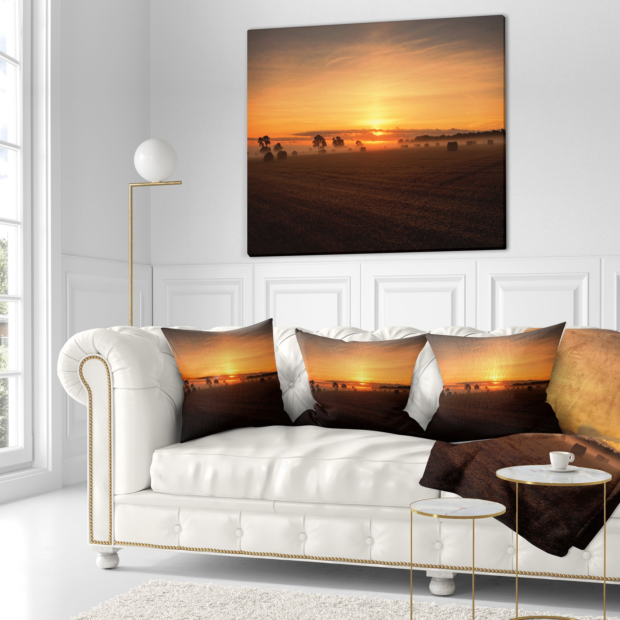Designart Sunrise at Farmland Bales - Landscape Printed Throw Pillow - 16x16