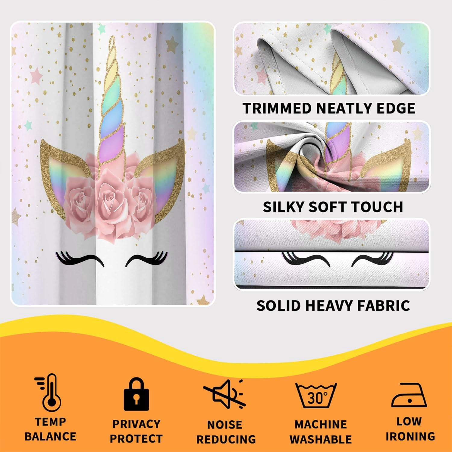 Rainbow Flower Unicorn Blackout Curtains for Kid Girls Boys Bedroom, Fantasy Cute Art Cartoon Rod Pocket Window Drapes for Bedroom Living Room, W42 x L63 Inch
