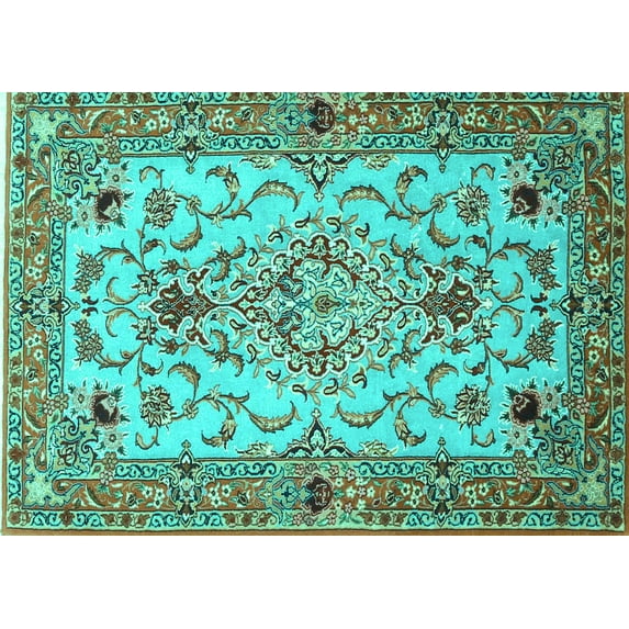 Ahgly Company Indoor Rectangle Medallion Turquoise Blue Traditional Area Rugs, 7' x 10'