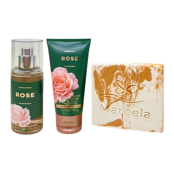 Bath & Body Works Rose Fine Fragrance Mist and Ultimate Hydration Body Cream with a Peach Gardenia Mini Soap - Travel Size