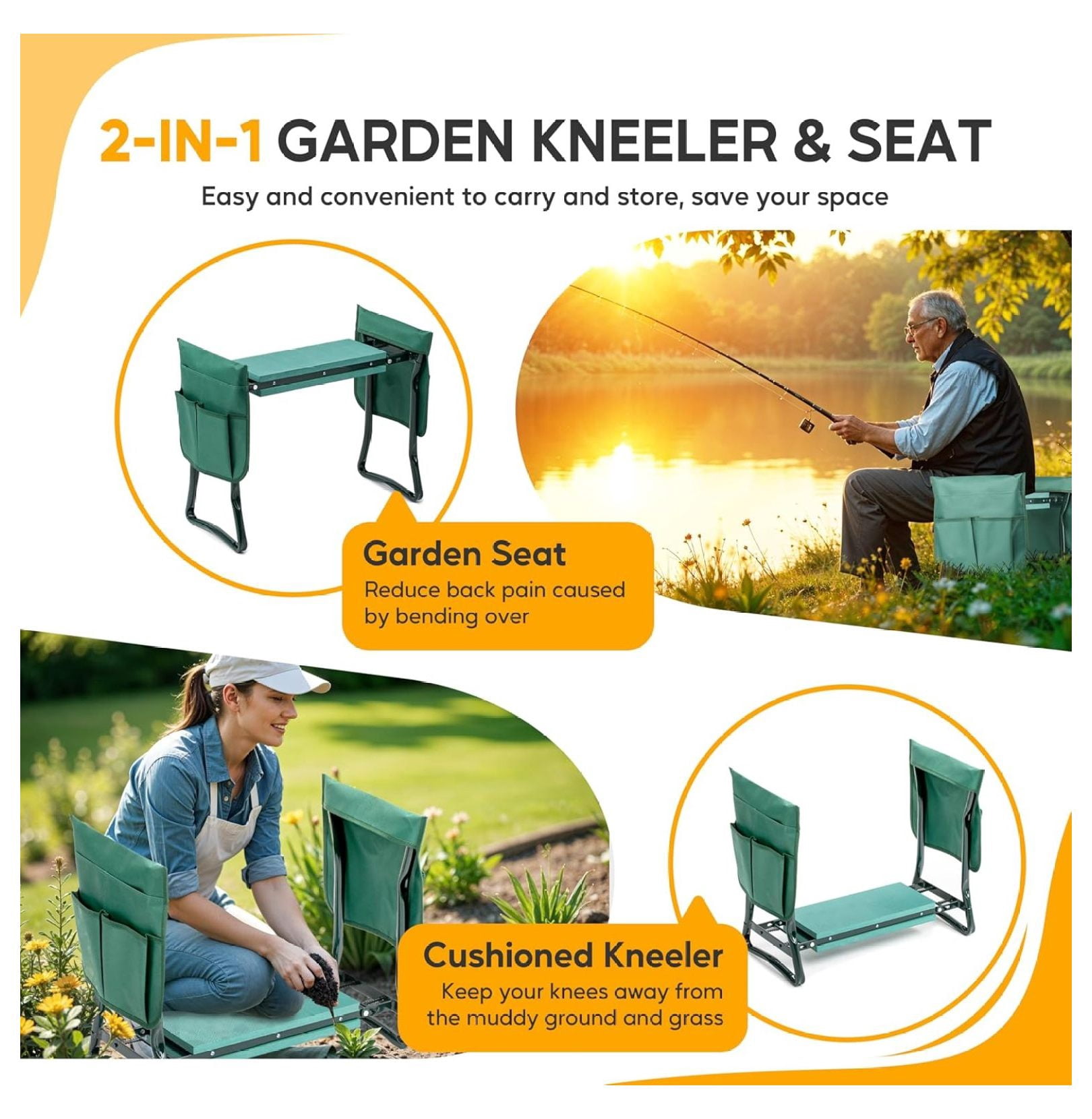 Garden Kneeler and Seat, Foldable Gardening Stool with Tool Pouch - Heavy Duty Kneeling Pad for Outdoor Work, Fishing, Arbor Day Gift - Green