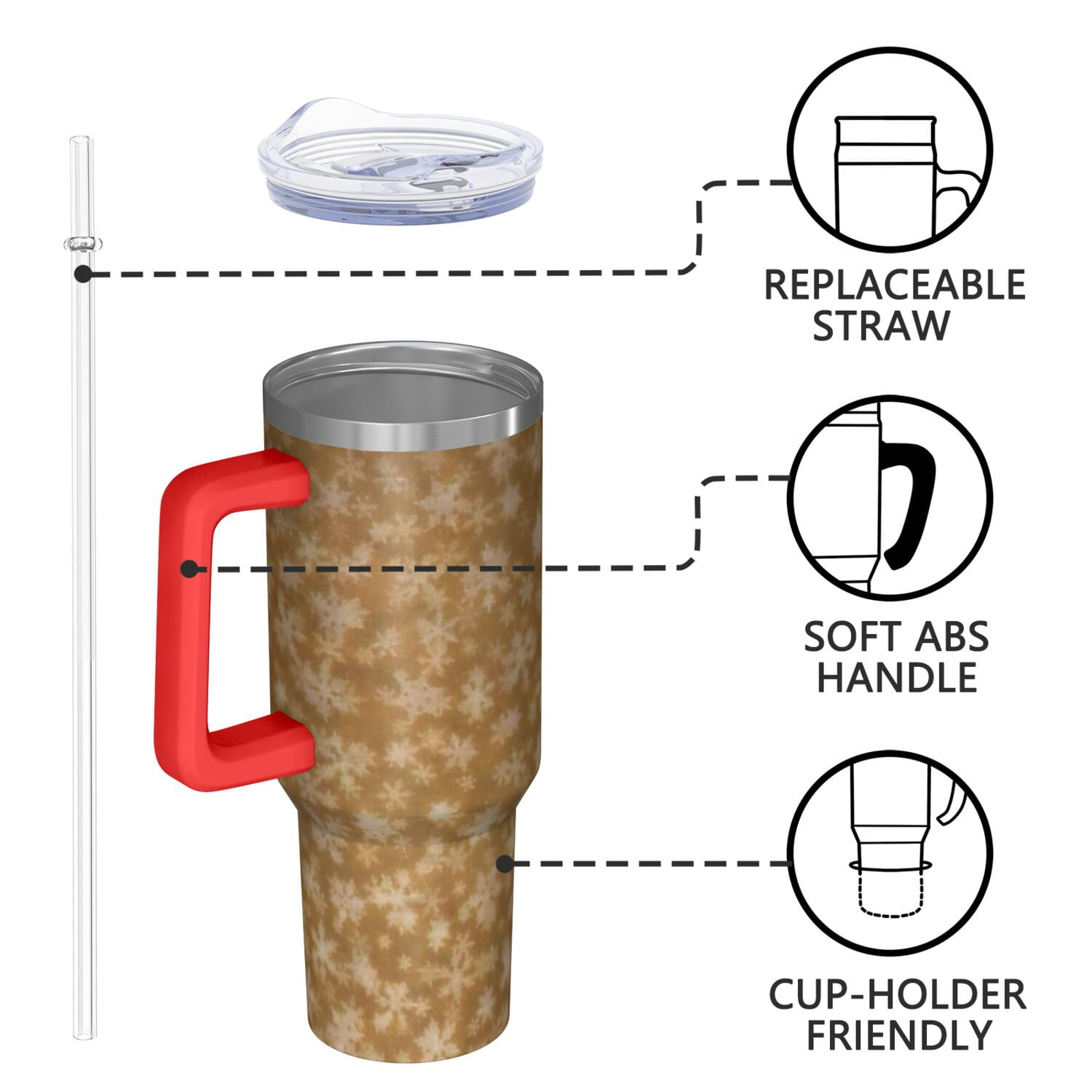 Golden Christmas Snowflake Pattern Tumbler with Handle and Lid,40oz Double Wall Vacuum Insulated Tumbler,Cups Gift for Women and Men