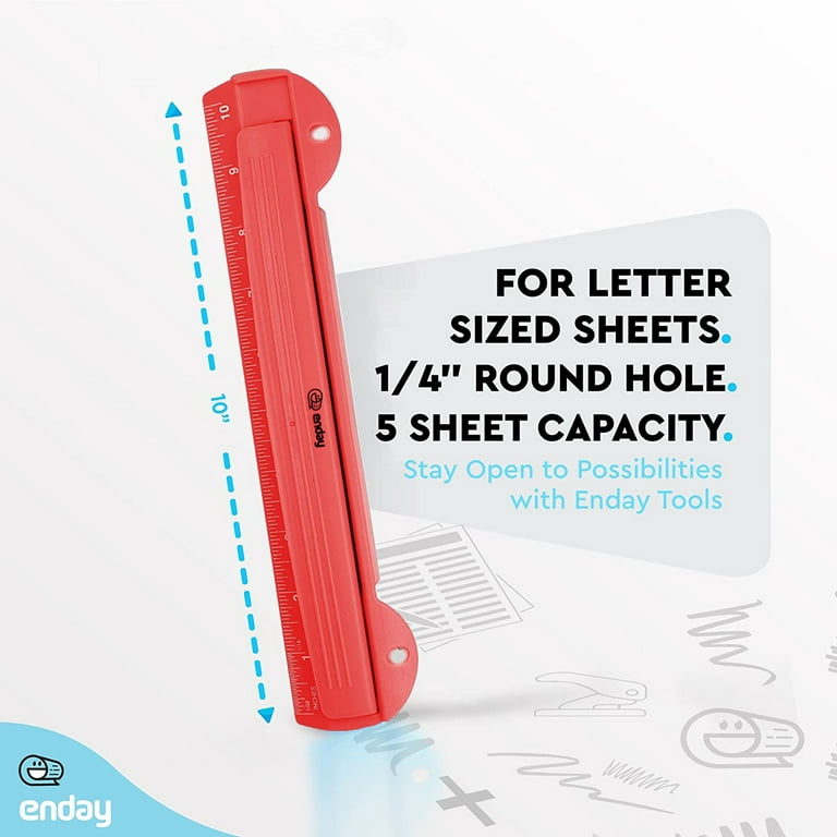 Enday 3 Ring Hole Punch with Plastic Ruler for 3 Ring Binder, Red 1 Pack