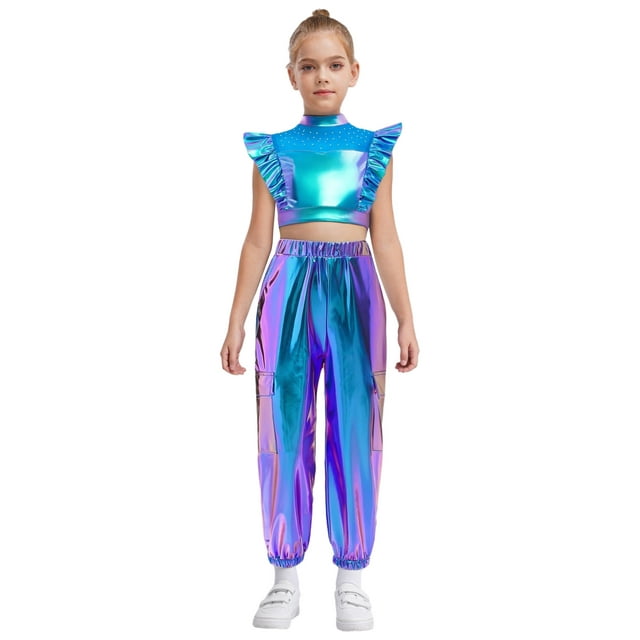 Yhong Kids Girls Hip Hop Street Dance Performance Costume Ruffle Crop Tops Pants Set Stage Party Outfits Blue 10