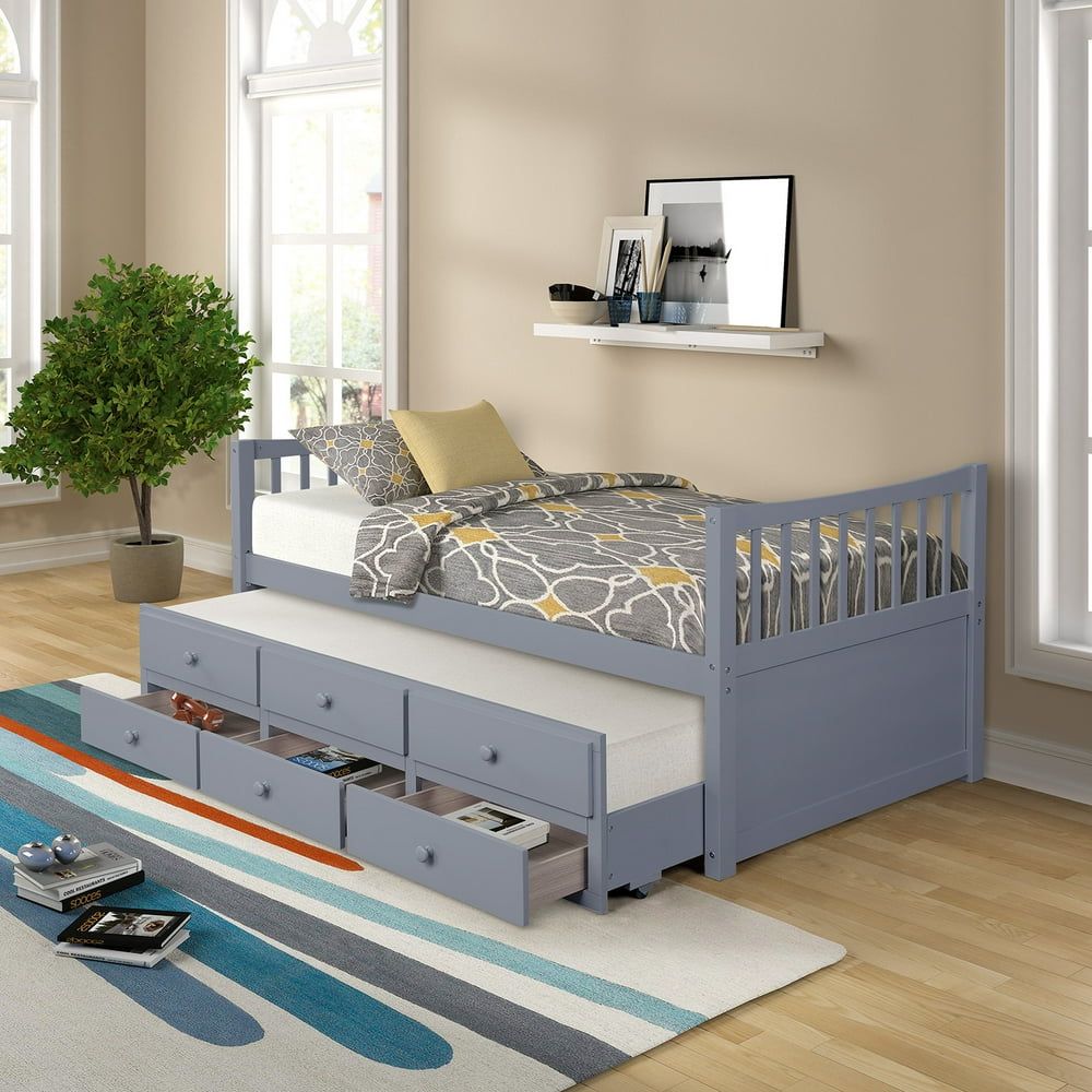 Gray Twin Bed Frame, Kids Captain's Bed with Trundle Bed and Drawers