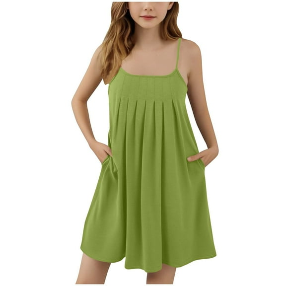 Fesfesfes Girls'Summer Solid Color Short Sleeve Crew Neck Elastic Waistband Dress with Pockets Casual Comfortable Cotton Blend Dress for Kids(Green,5 Years)