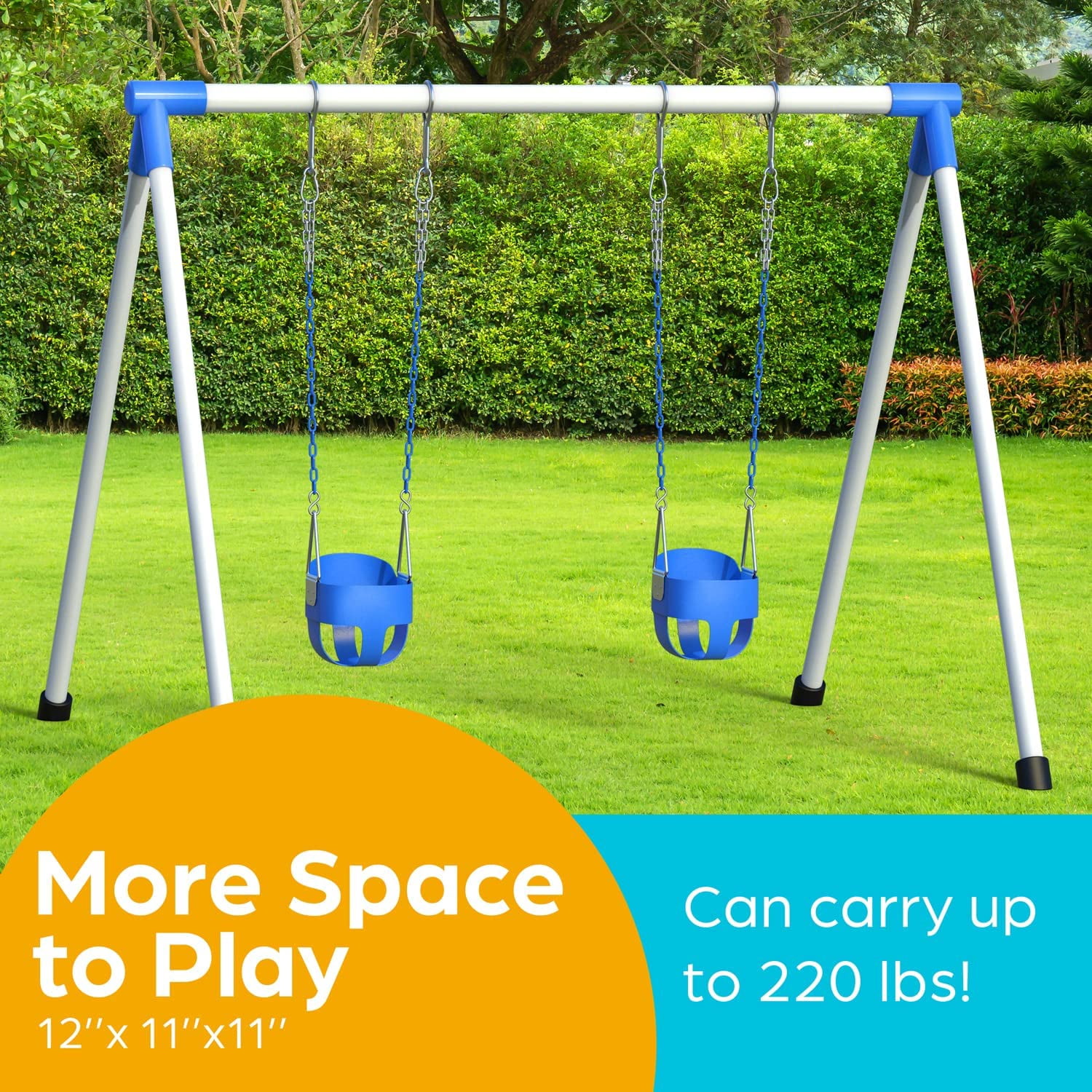 Jungle Gym Kingdom Toddler Swing; Heavy Duty, High Back, Full Bucket Baby Swing Seat with Coated Chains for Outdoor Use; Fully Assembled; Blue