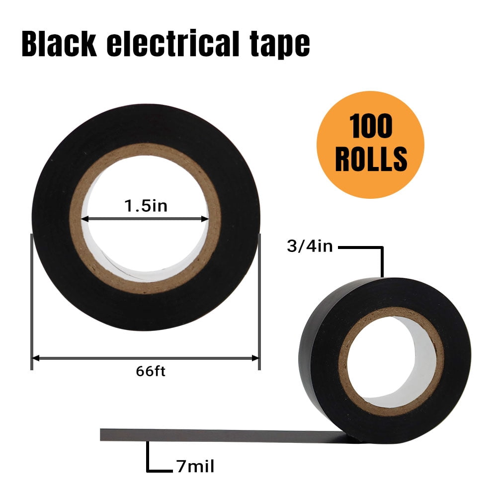 100 Black Electrical Tape, 3/4 in x 66 ft, Waterproof Vinyl Electric Tape, High Temperature  Insulation Tape for Home Outdoor Wire Repair, Electrical Protection, Automotive and Industrial Use