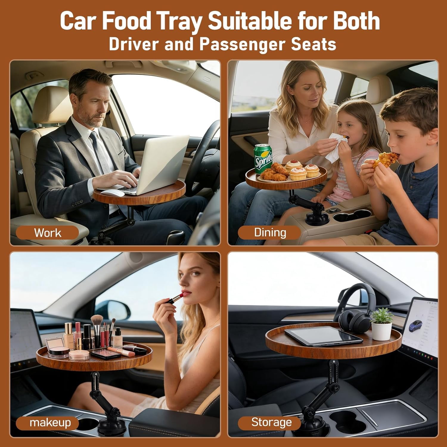 Car Food Cup Holder Tray - 360° Rotating Car Table and Car Seat Tray, Detachable Wooden Car Desk for Laptop and Food Tray, Compatible with Tesla Model Y/3/S, Ford F150/Explorer (Brown, 11.8")