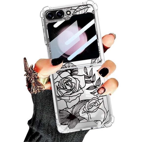 for Samsung Galaxy Z Flip 6 Case, Floral Rose Cute Phone Case Aesthetic Pattern Print Shockproof Clear Hard PC TPU Bumper Protective Case for Z Flip 6 (Black)