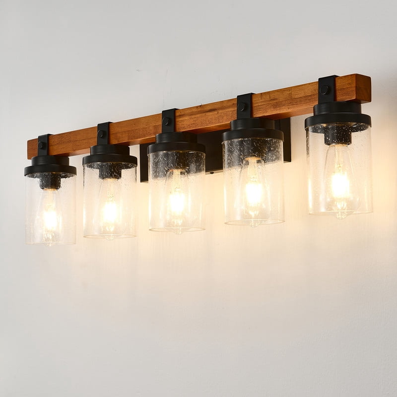 TICOZE 5-Light Matte Black and Wood Wall Lamps with Glass Lamp Shades Vanity Lighting Fixtures for Bathroom Kitchen Dining Room (Bulbs Not Included)