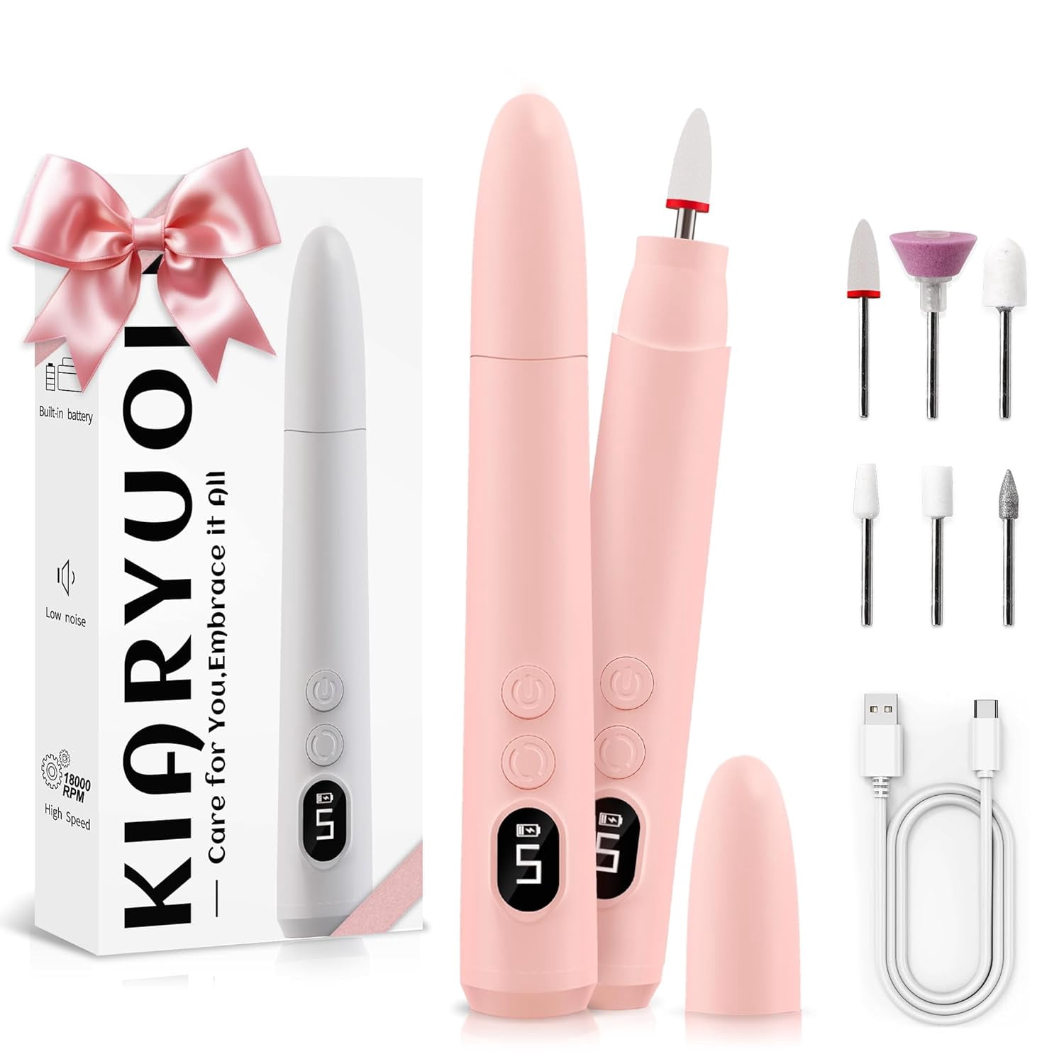 Aorsher Cordless Electric Nail Drill Kit, Portable Rechargeable Nail Drill Set, Professional Electric Nail File, 5 Speeds Modes, LED Lighting, Reversible Direction