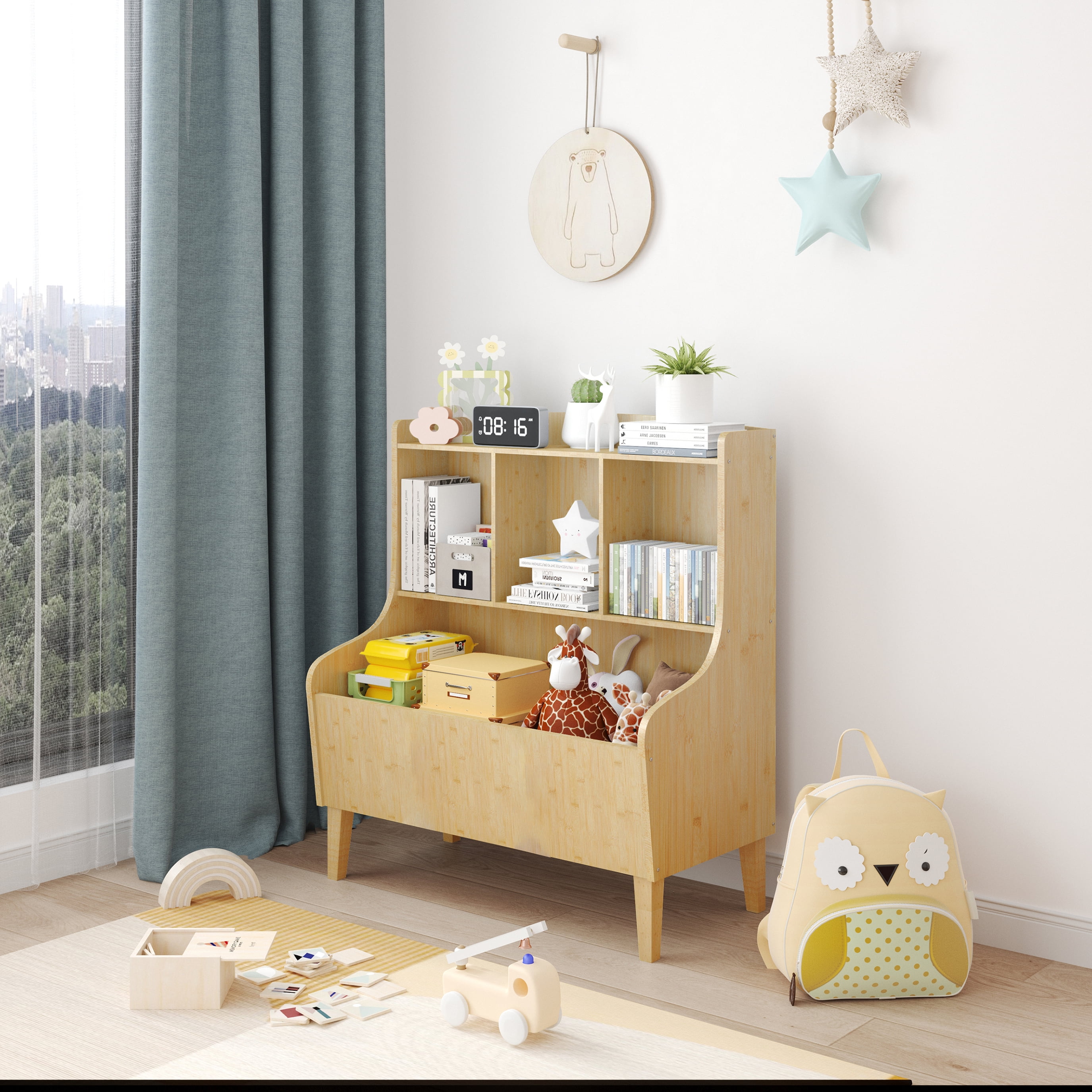 BALANBO Toy Storage Organizer, Kids Bookshelf Market Bin Cubby, Toy Chest for Playroom, Natural