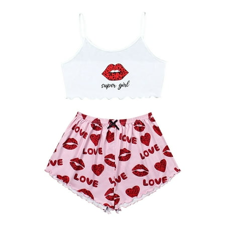 

Knosfe Women Pjs 2 Pack Crop Top Shorts Set Lips Print Sexy Nightgown Pajamas Set Sleepwear