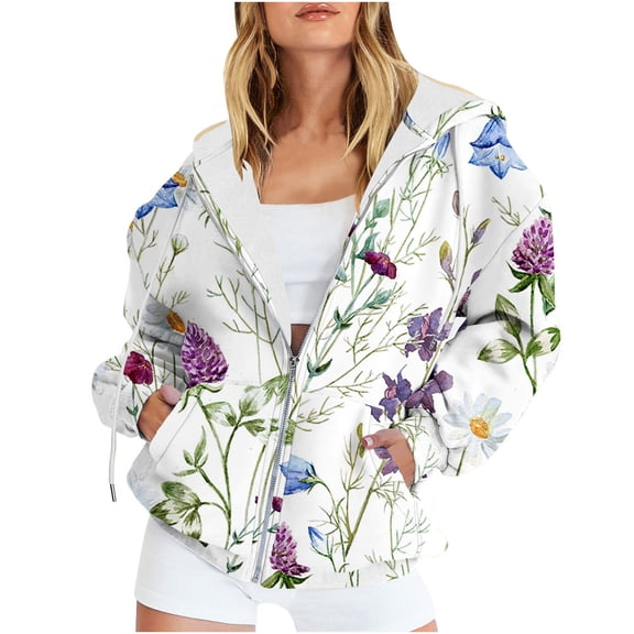 Babysbule Fall Jackets for Women ClearanceWomen's Casual Printed Long Sleeve Zipper Hooded Tops Blouse With Pocket Sweatshirt Jackets Women's Tops Blouse
